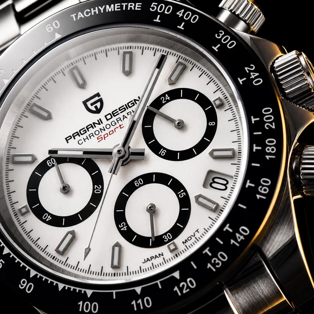 Macro detail of the panda dial and tachymeter bezel